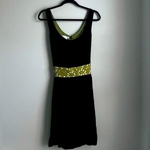 Anthropologie: Black velvet dress with green belt